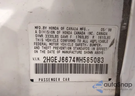 1998 Honda Civic Lx z USA, uszkodzony, nr VIN 2HGEJ6674WH585083